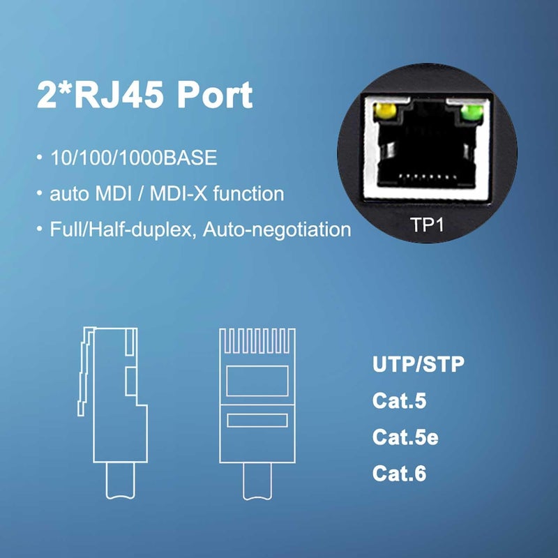 Lcantve Industrial 1.25G SC Fiber to Ethernet Media Converter Up to 20KM, 1x1310nm Single-Mode SC Port to 2X 10/100/1000Base-T RJ45 Gigabit 2 Port Fiber Switch, 12~48V DC Power Input，DIN-Rail Support - Image 3